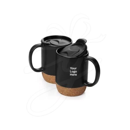 Black Coffee Mug with Lid & Cork Base