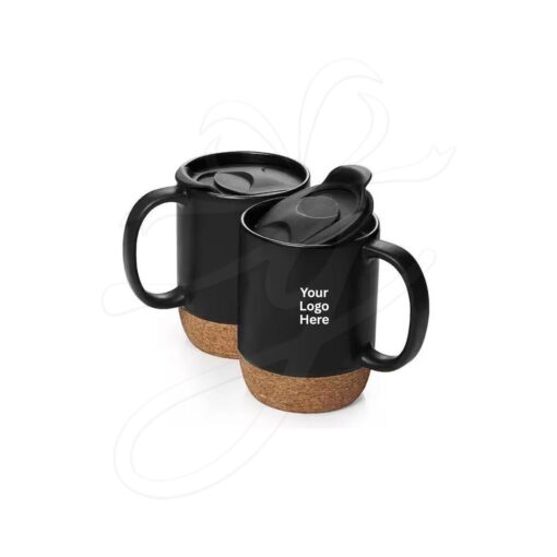 Black Coffee Mug with Lid & Cork Base